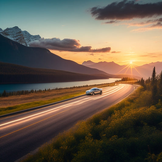 A serene landscape depicting a sleek, silver electric vehicle driving along a winding Canadian highway, flanked by majestic mountains and lush forests, with a faint sunset glow on the horizon.