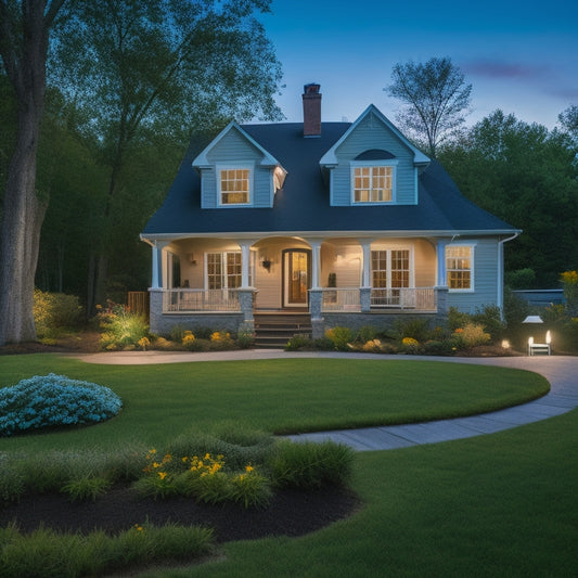 A serene suburban home with a geothermal system visible in the yard, surrounded by lush greenery, with a subtle glow emanating from the house, and a faint thermometer in the corner with a downward arrow.