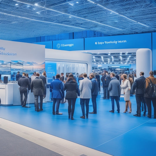A futuristic, sleek, and modern exhibition hall with various electric vehicles and innovative charging stations on display, surrounded by a crowd of people in business attire, against a bright blue and white background.