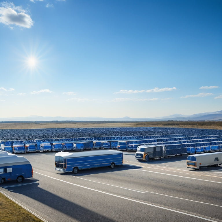 A serene landscape with a fleet of commercial vehicles, including vans, trucks, and buses, parked in a row, each equipped with sleek, black solar panels on their rooftops, under a bright blue sky.