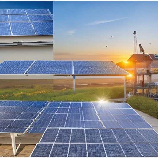 A split-screen image featuring a partially installed solar panel array on a rooftop, with a clock or calendar in the foreground, surrounded by scattered tools, blueprints, and permits, contrasted with a completed installation in the background.