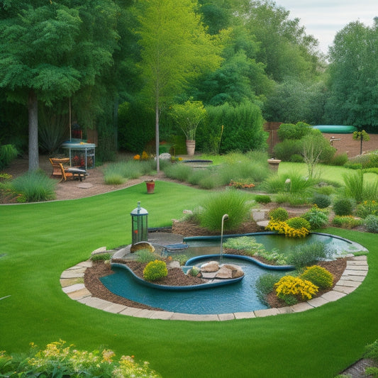 A serene backyard with a lush green lawn, a small pond, and a few trees, featuring a greywater system installation with pipes and tanks, surrounded by a few gardening tools and a water meter.