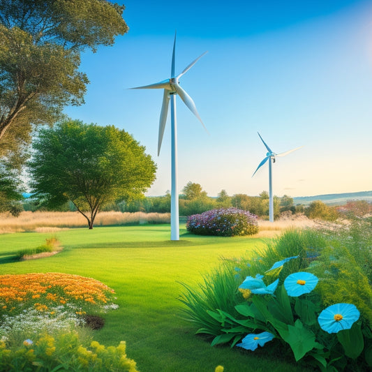 A serene backyard scene featuring a sleek, modern wind turbine with curved blades in a soft, metallic finish, surrounded by lush greenery and vibrant wildflowers, under a bright blue sky.