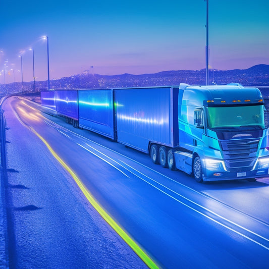 A futuristic, high-angle illustration of a sleek, electric semi-truck driving on a highway surrounded by cityscapes, with blurred motion lines and bright, neon-lit charging stations in the background.