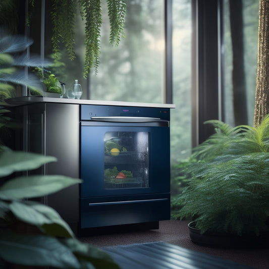A modern, sleek dishwasher with a subtle leaf pattern on the door, surrounded by lush greenery, water droplets, and a faint blue glow, set against a warm, earthy background.