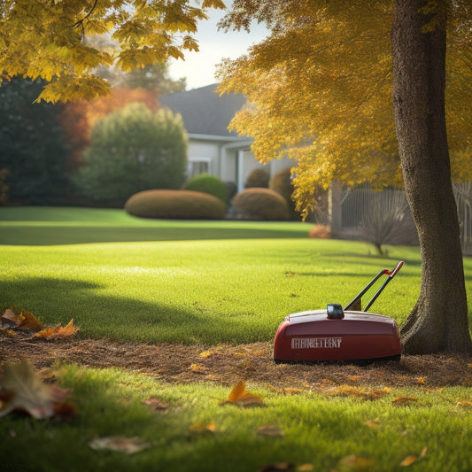 A serene suburban lawn with a mix of lush green grass and scattered autumn leaves, featuring a rusty-red lawn scarifier and a wooden-handled rake lying nearby, surrounded by fallen branches.