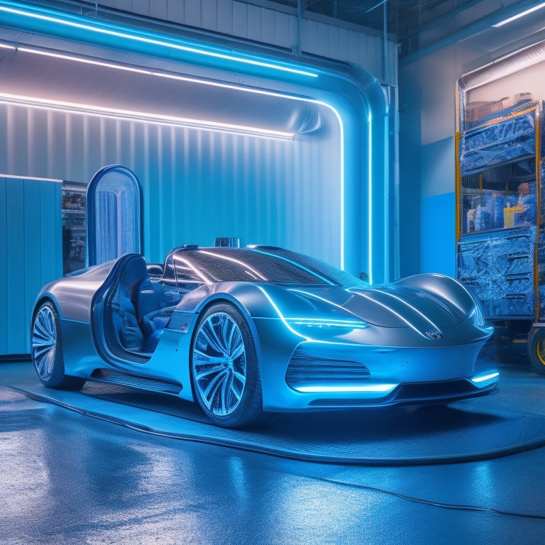 A futuristic, sleek, silver electric car with glowing blue accents and wheels, parked in a modern garage with a toolbox and various car parts scattered around, surrounded by neon-lit workbenches.