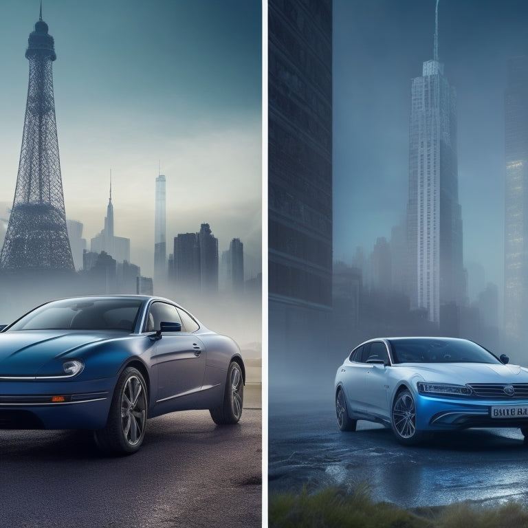 A split-screen image: a sleek, silver electric car on the left, with glowing blue accents and a cityscape in the background; on the right, a rusty, old petrol vehicle amidst a polluted, smoggy environment.