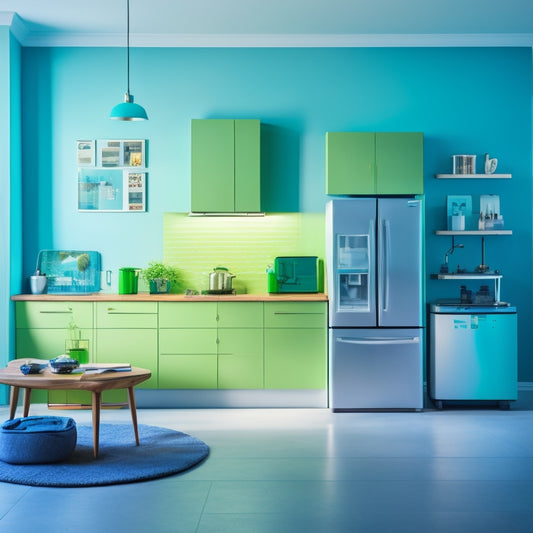 A bright, modern home with a subtle green glow surrounding it, surrounded by icons of energy-efficient appliances and a clipboard with a checklist, set against a soft blue background.