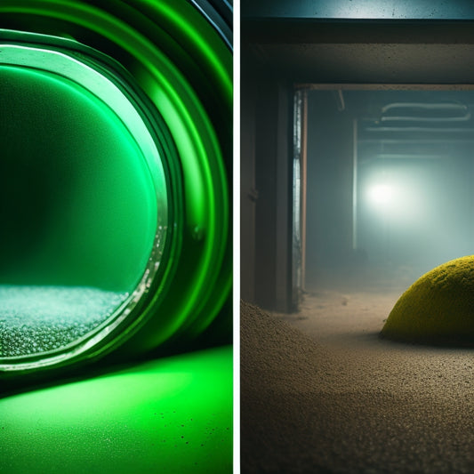 A split-screen image: a dirty, clogged air duct on the left, with dust and debris accumulated, versus a clean, shiny duct on the right, with a bright green hue and a subtle sparkle.