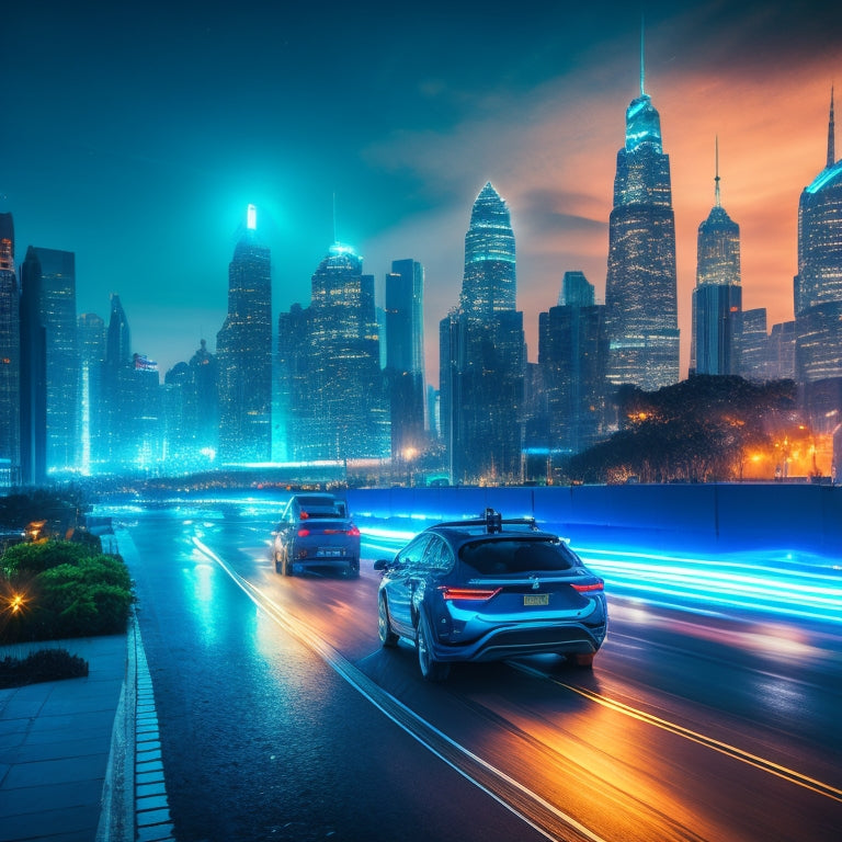 A futuristic cityscape at dusk, with sleek electric vehicles zipping by, their LED lights glowing in shades of blue and green, amidst a backdrop of towering skyscrapers and a vibrant, starry night sky.