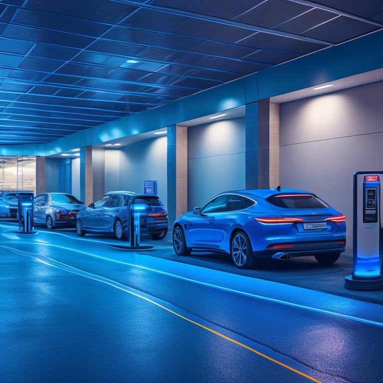 A futuristic, well-lit underground parking garage with sleek, silver EV charging stations lining the walls, each featuring a glowing blue LED strip and a few parked electric vehicles plugged in.