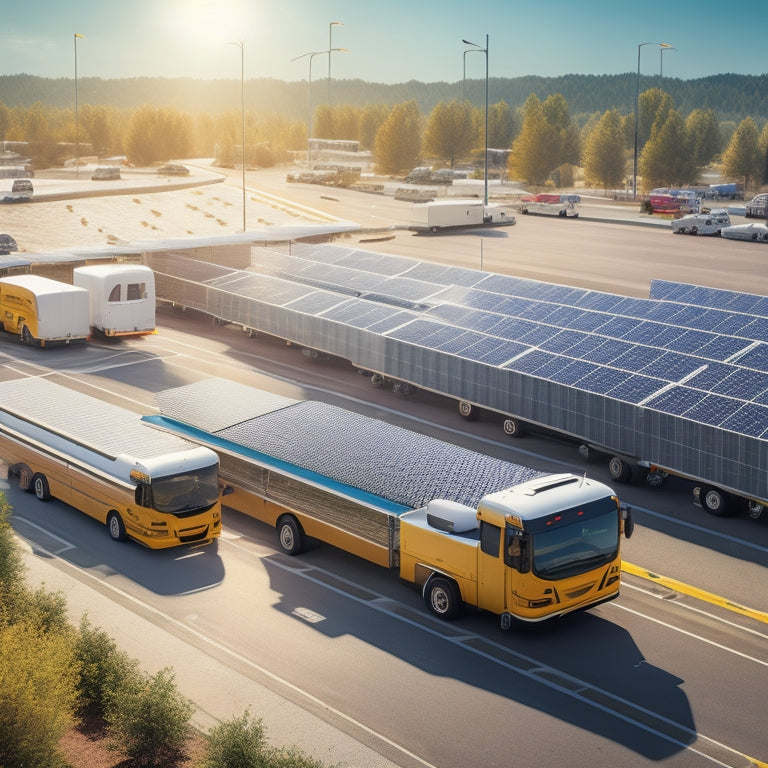 A stylized illustration of a fleet of trucks, buses, or vans parked in a sunny, open lot, with solar panels installed on their roofs, connected to batteries and charging stations.