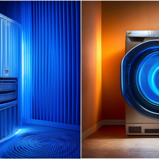 A split-screen illustration: a traditional dryer's tangled wire and rusty coils versus a sleek, modern heat pump dryer with glowing blue lines and a minimalist, curved design.