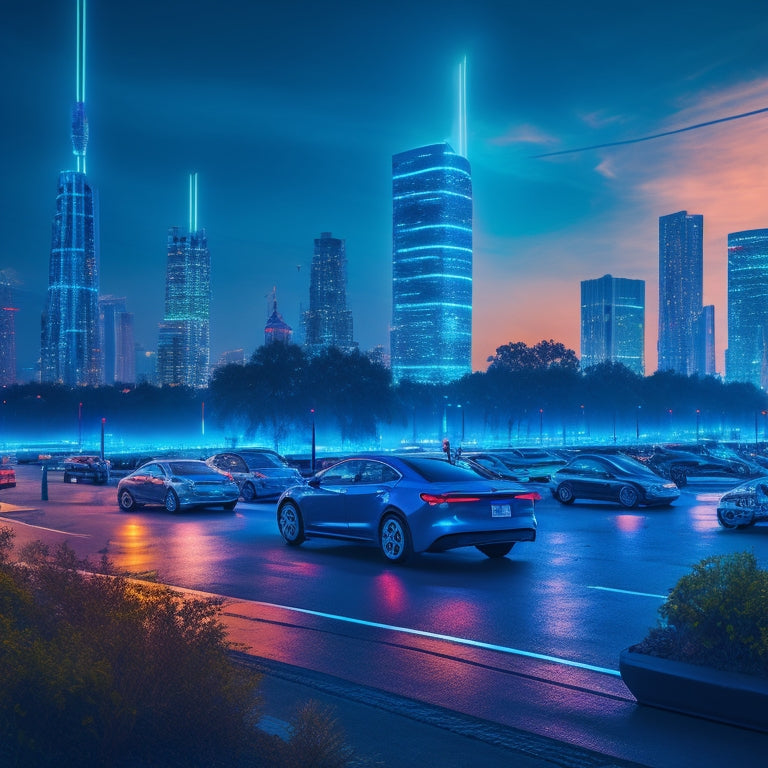 A stylized illustration of a cityscape at dusk, featuring multiple electric vehicles parked at charging stations with glowing blue lines and circuits connecting them to a network of tall, sleek charging pillars.