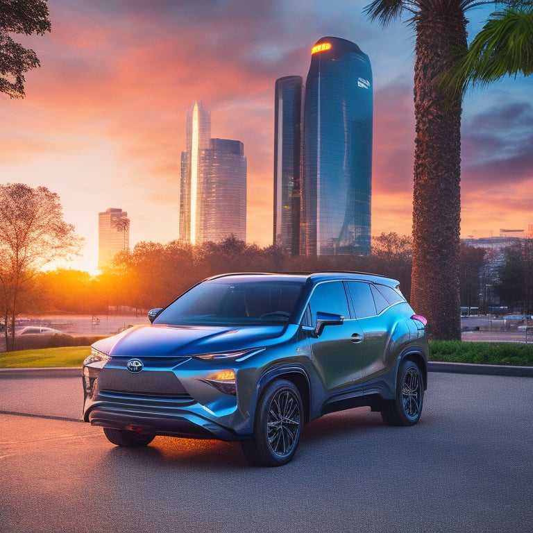 A futuristic, sleek Toyota Bz4x electric SUV parked in front of a modern, glowing charging station at sunset, with a cityscape blurred in the background, surrounded by lush greenery.