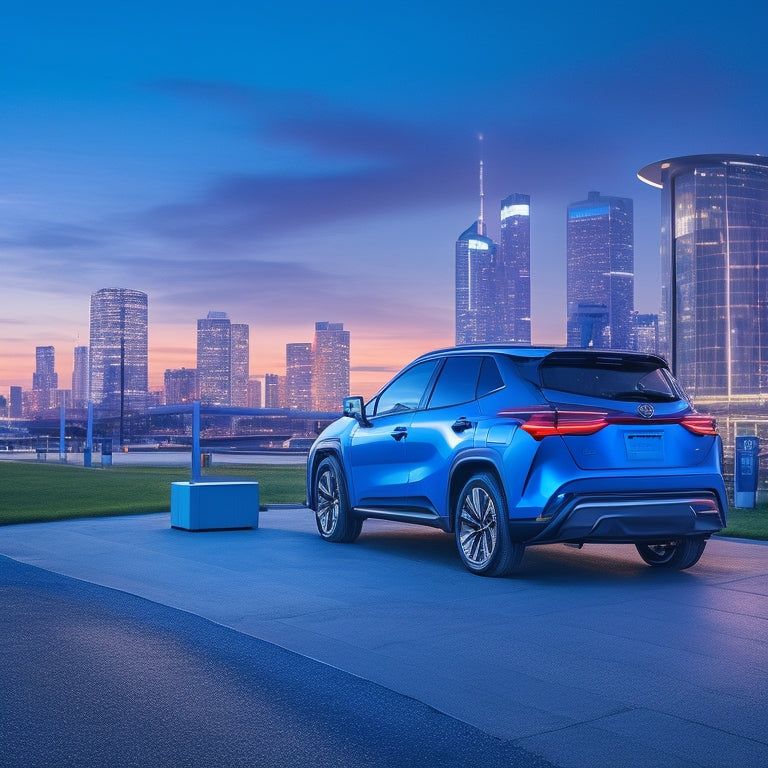 A futuristic, silver Toyota electric SUV parked in front of a sleek, modern charging station, with glowing blue charging lines and a subtle cityscape at dusk in the background.