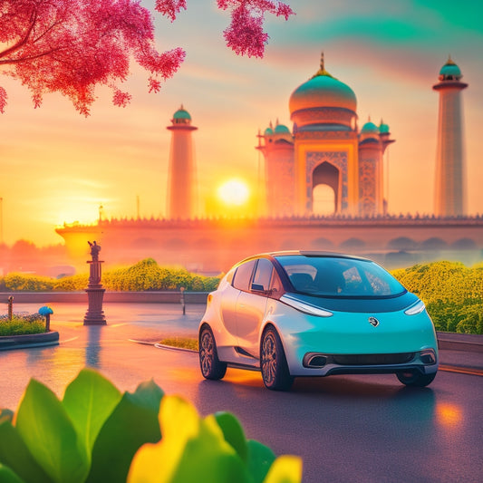 A stylized illustration of an electric vehicle driving through a futuristic Indian cityscape at sunset, with a blurred background of charging stations and sustainable infrastructure emerging from lotus flowers.