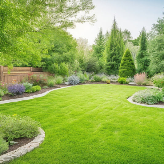 A serene backyard scene with lush green grass, vibrant flowers, and a few trees, featuring a subtle, modern irrigation system with sleek sensors and minimalist controllers amidst the lush foliage.