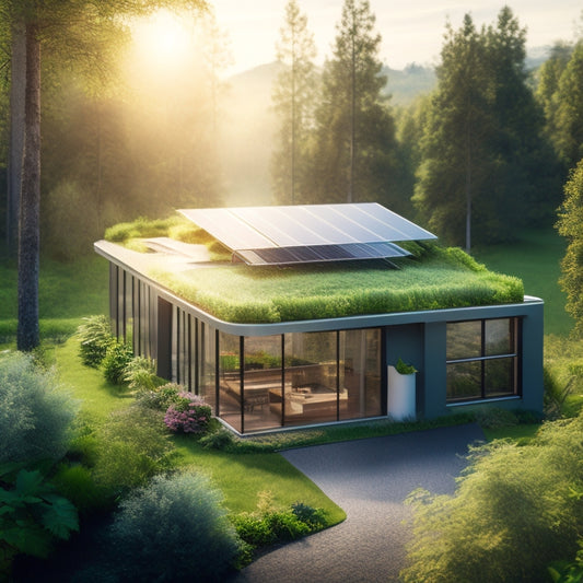 An illustration of a modern, sustainable home surrounded by lush greenery, with solar panels on the roof, a living wall, and a geothermal heating system visible through a transparent section of the foundation.