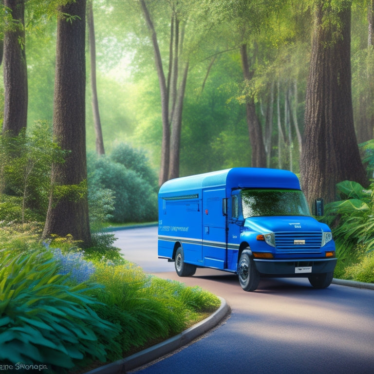 A stylized illustration of a USPS mail truck with electric blue accents, surrounded by greenery and leaves, with a subtle cityscape in the background, conveying eco-friendliness and innovation.