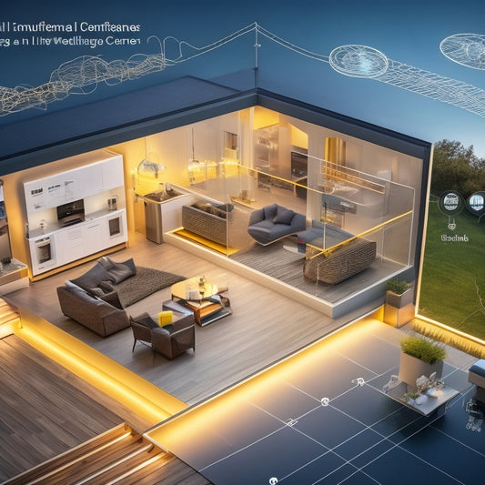 A modern home with opened walls, revealing a glowing network of energy pathways, radiating from a central hub, surrounded by various appliances and devices, with swirling arrows and graphs illustrating energy flow and usage.