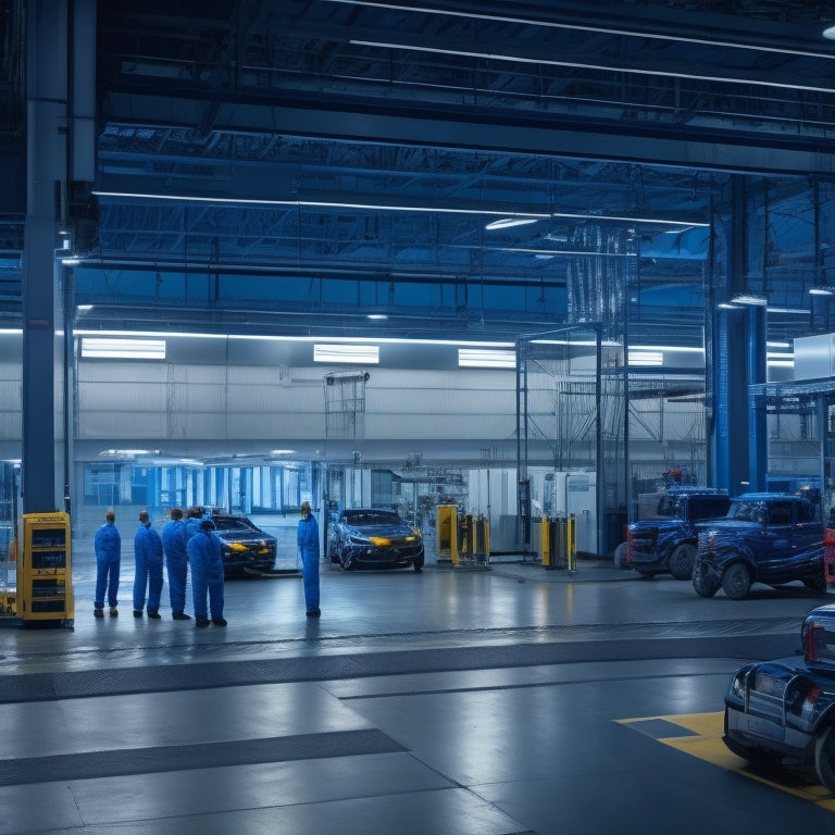 A dimly lit, sleek, modern factory interior with rows of Ford electric vehicles on hydraulic lifts, surrounded by technicians in Ford-branded jumpsuits, with tool-laden workstations and diagnostic screens.