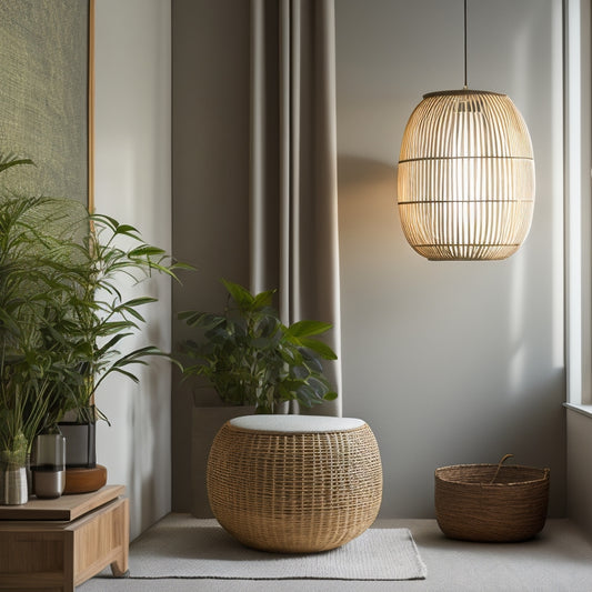 A serene, minimalist living room with a bamboo-woven wall panel, paired with a floor lamp featuring a solar-powered lantern in a natural, woven basket, surrounded by lush greenery and soft, warm lighting.