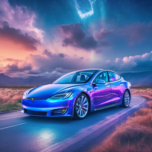 A futuristic, sleek, silver Tesla car with glowing blue circuits underneath, surrounded by swirling, neon-lit clouds and orbiting satellites, set against a dark, starry night sky.