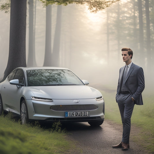 A serene, misty morning scene: Toby, a young adult with a gentle smile, stands beside a sleek, silver electric car, surrounded by lush greenery and a faint, sunny glow.