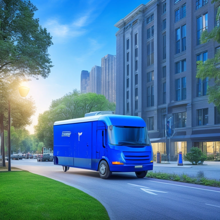 A futuristic illustration of a USPS delivery truck, with sleek electric blue accents, parked in front of a cityscape with green trees and a bright blue sky, surrounded by subtle electric circuit patterns.