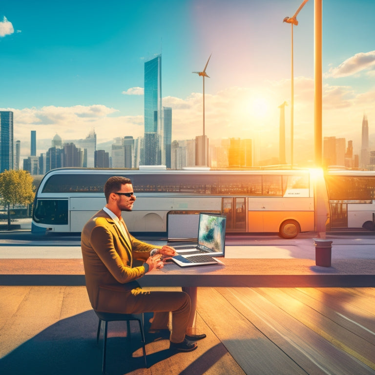 An illustration of a person sitting in front of a laptop, surrounded by solar panels and a bus in the background, with a cityscape and sunny sky outside the window.