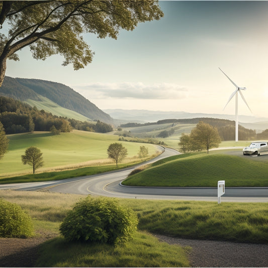 A serene landscape with a wind turbine in the distance, surrounded by rolling hills and a few trees, with an electric vehicle parked in the foreground, plugged into a charging station.