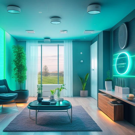 A futuristic smart home interior with a sleek, voice-controlled central hub, surrounded by glowing energy meters, and a subtle background gradient transitioning from blue to green, symbolizing eco-friendliness.