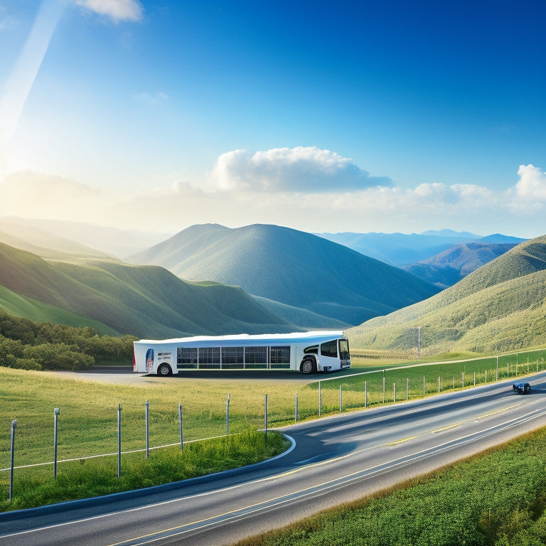 An illustration of a fleet of vehicles, including electric buses, hybrid trucks, and solar-powered cars, moving along a winding road surrounded by green hills and wind turbines in the background.