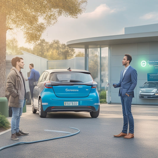 An electric vehicle parked at a charging station with a thought bubble above it, containing a polite driver gesturing to an empty space beside, while another EV waits patiently in the background.