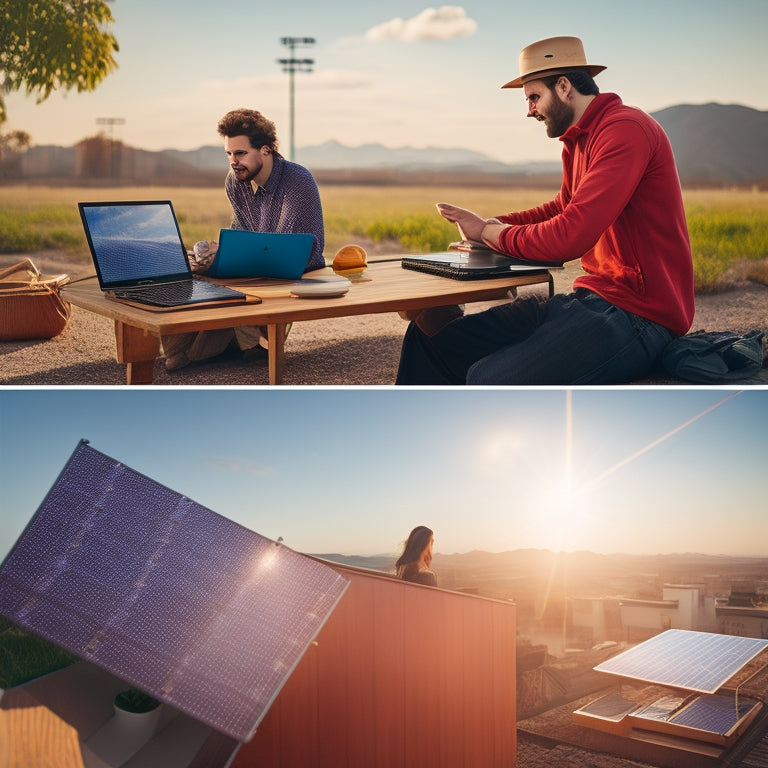 A split-screen image featuring a person sitting in front of a laptop, browsing an online marketplace, with a background of solar panels on a rooftop, and a subtle EV charging station in the corner.