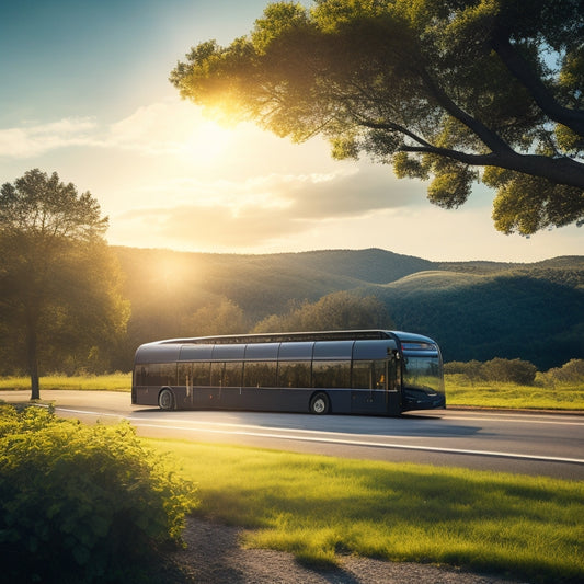 A serene, sun-kissed landscape with a commercial bus parked in the center, its roof adorned with sleek, black solar panels, surrounded by lush greenery and a clear blue sky.