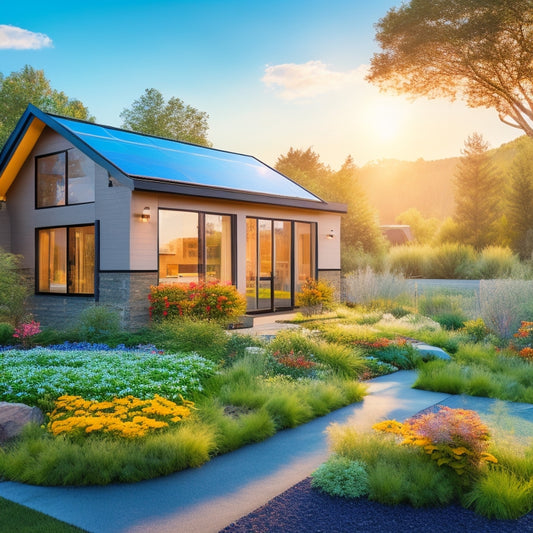 A serene, eco-friendly home exterior with a mix of modern and natural elements: solar panels, double-glazed windows, and a lush green roof, surrounded by blooming plants and a bright blue sky.