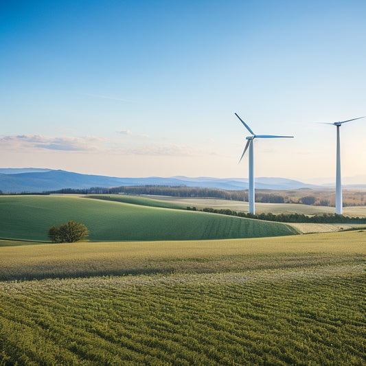 A serene rural landscape with a modern wind turbine standing tall in the center, its sleek blades spinning gently, surrounded by rolling hills and a few scattered trees under a clear blue sky.
