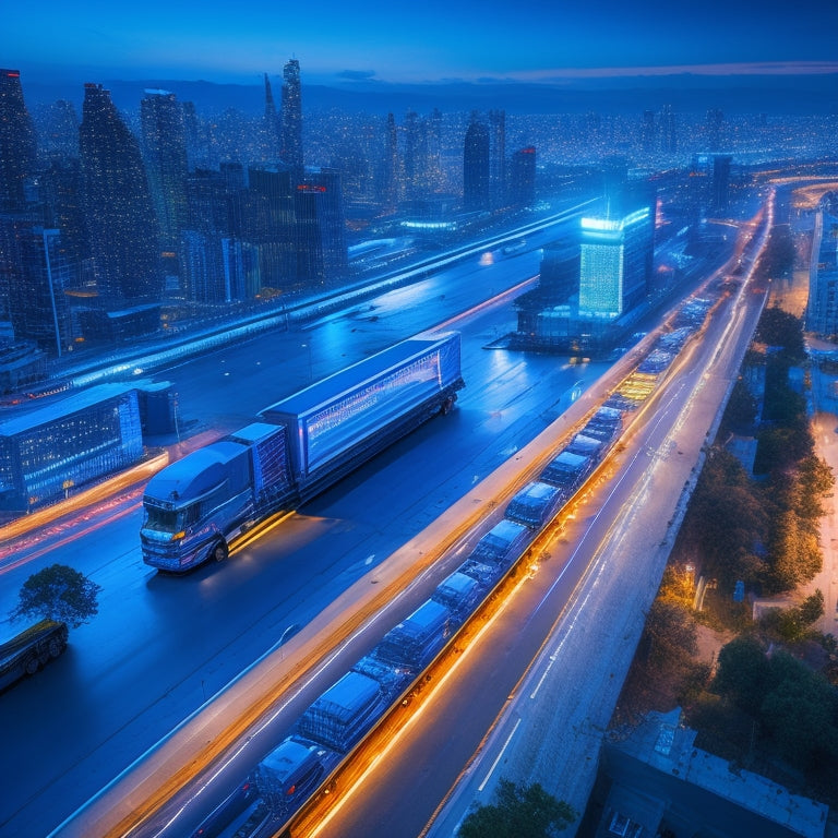 A futuristic, aerial view of a sprawling cityscape at dusk, with electric trucks and vans moving along a network of glowing blue roads, amidst a backdrop of sleek, modern skyscrapers.