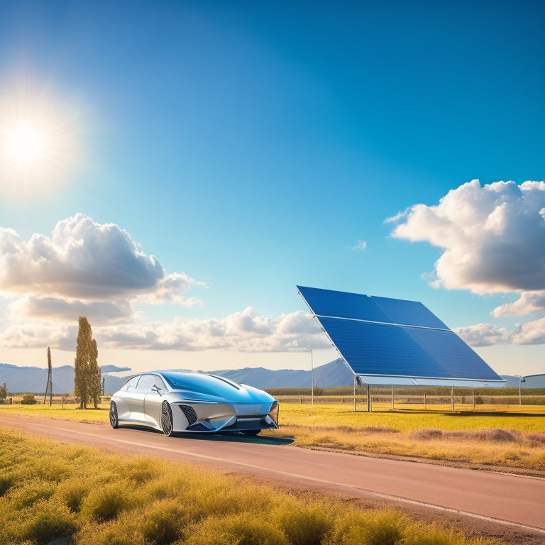 Illustrate a futuristic landscape with a sleek, silver electric vehicle parked in front of a modern, angular solar panel farm under a bright blue sky with fluffy white clouds.