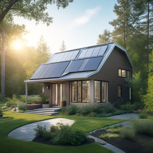 A modern, eco-friendly home exterior with multiple recycled windows in various shapes and sizes, surrounded by lush greenery, with a subtle solar panel installation on the roof.