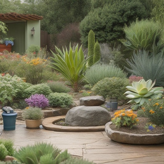 A serene garden scene with a mix of lush greenery, vibrant flowers, and succulents, showcasing various water-wise irrigation methods, including drip irrigation, soaker hoses, and rain barrels.