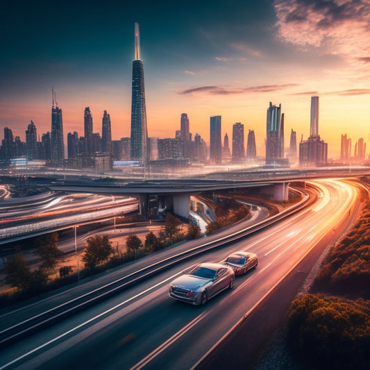 A futuristic cityscape at dusk with sleek, silver electric vehicles speeding by on a highway, surrounded by towering skyscrapers and wind turbines generating electricity in the background.