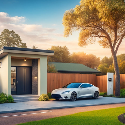 An illustration of a modern home with a sleek electric vehicle parked in the driveway, a charging station installed on the side of the house, surrounded by a fence with a locked gate.