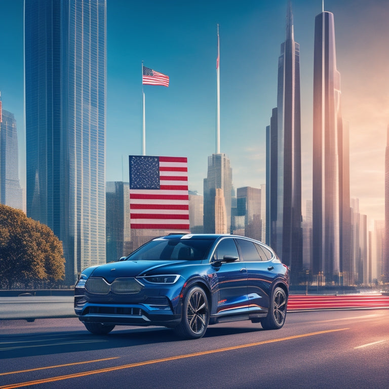 An illustration of a stylized American flag with electric vehicle batteries or charging stations integrated into the stripes, surrounded by sleek, modern cars and subtle cityscape elements.