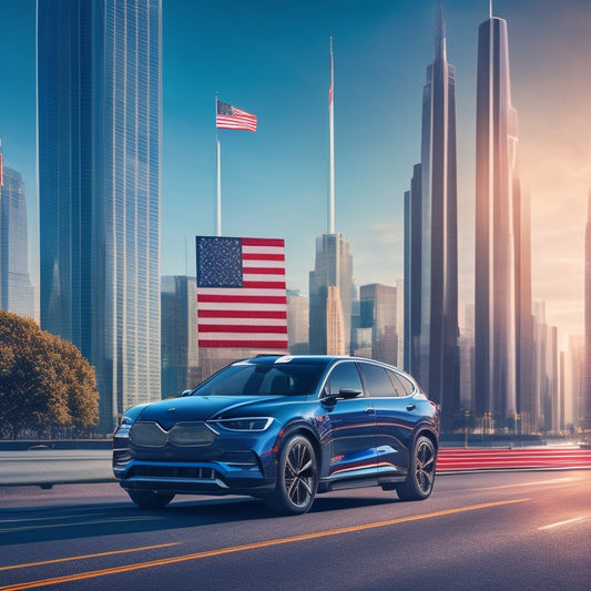 An illustration of a stylized American flag with electric vehicle batteries or charging stations integrated into the stripes, surrounded by sleek, modern cars and subtle cityscape elements.