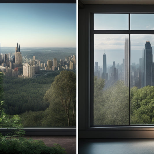 An image featuring a split-screen comparison: a traditional drywall installation with a grey, polluted cityscape in the background, versus an earth-friendly drywall installation with a lush, green forest in the background.