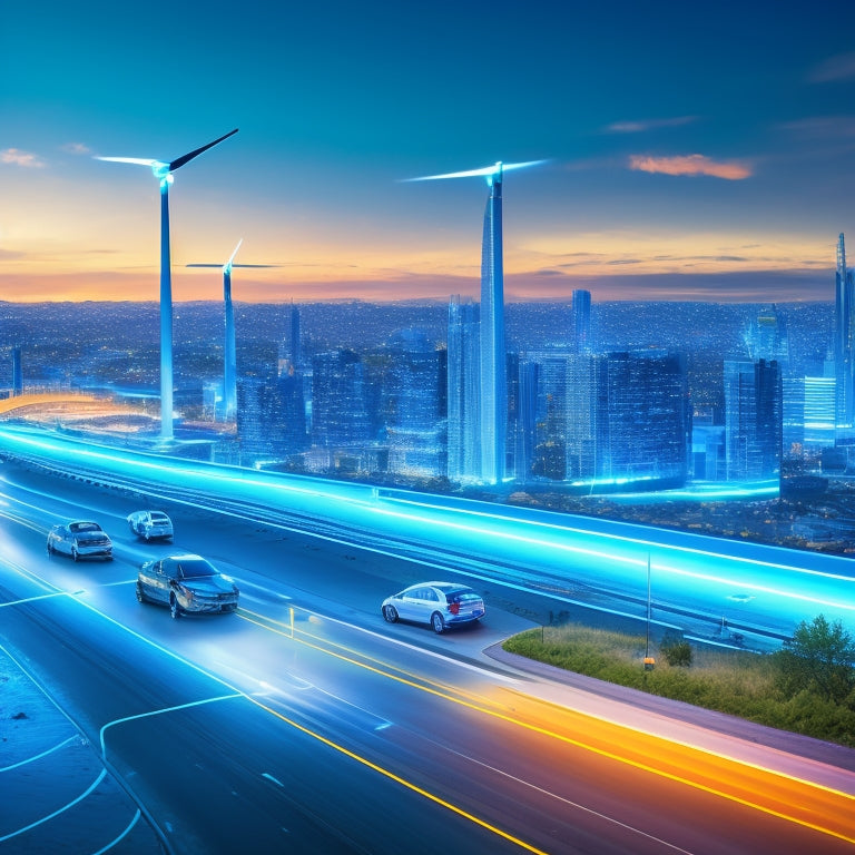 An illustration of a futuristic cityscape with electric vehicles, charging stations, and wind turbines in the background, connected by glowing blue lines representing digital connectivity.